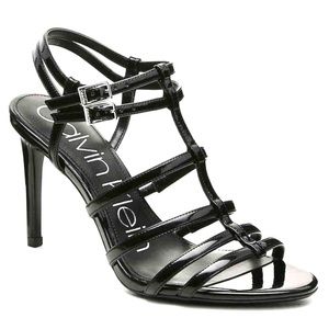 CALVIN KLEIN Black Patent Leather T-Strap Caged Strappy High Heel Sandals, SZ 10